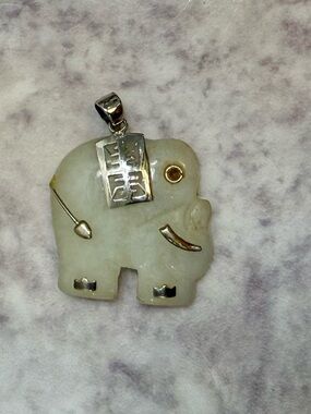 Jade Elephant Pendant with Silver Accents - Pale Green